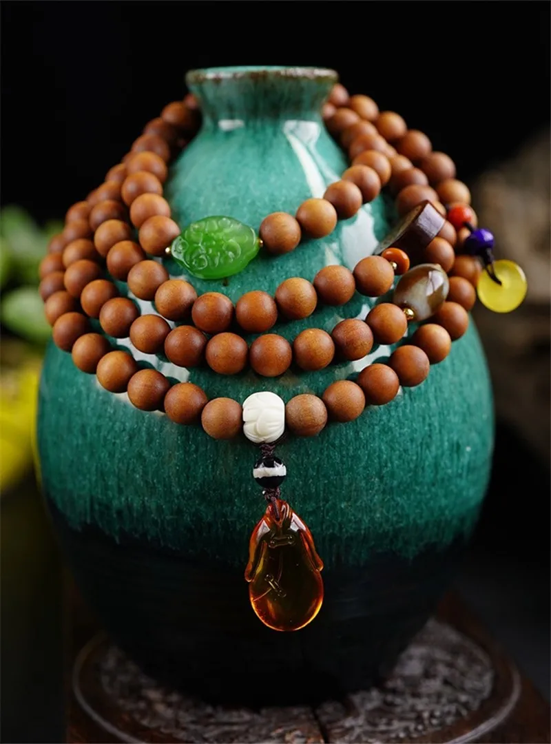 

Long Necklace Sweater Chain 108 Sandalwood Buddha Beads Bracelet Wooden Round Small Hole Rosary Beads Jade Amber Agate Dzi