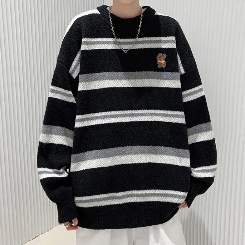 

Men's Autumn and Winter Striped Knitwear Hong Kong Style Loose Lovers' Clothing Japanese Loose Casual Versatile Sweater