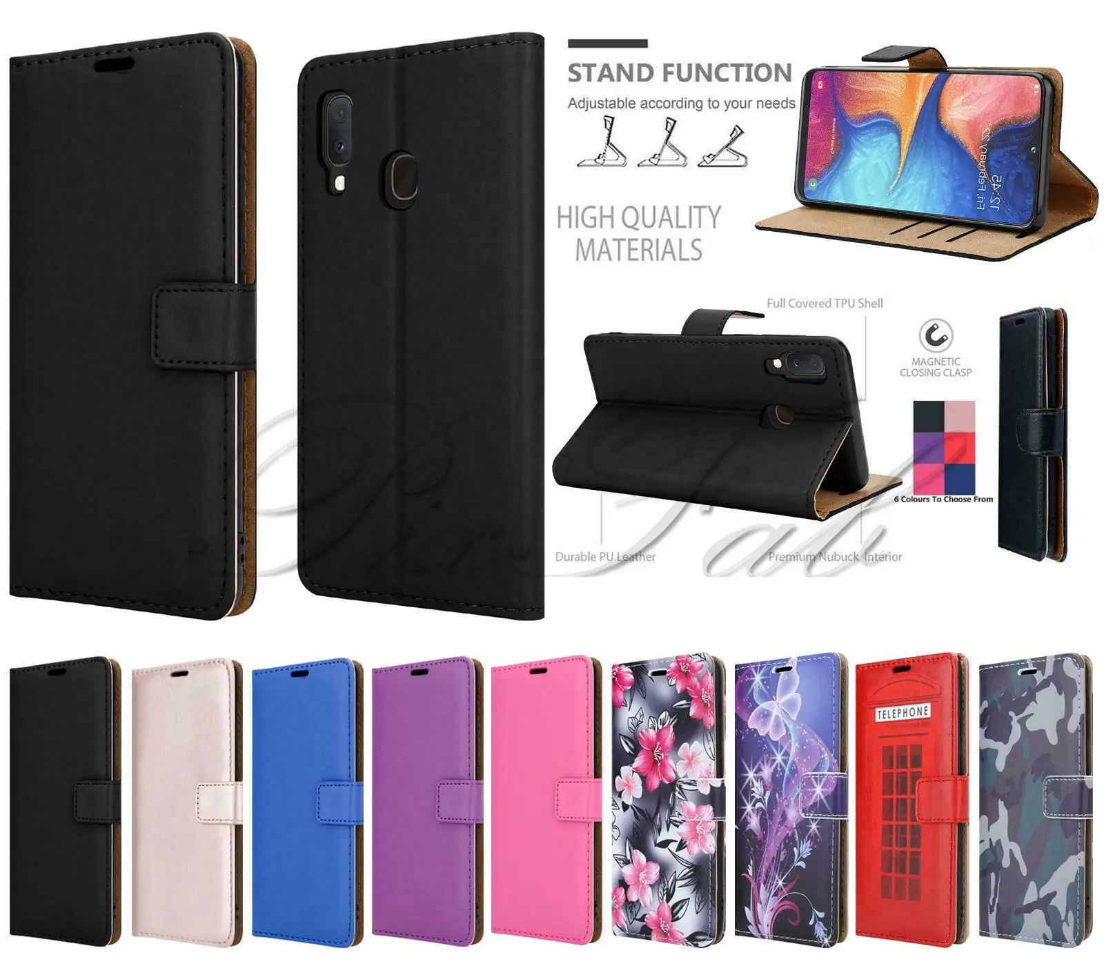 

For Samsung Galaxy A20e A202F New Black Leather Wallet Phone Case + Screen Glass