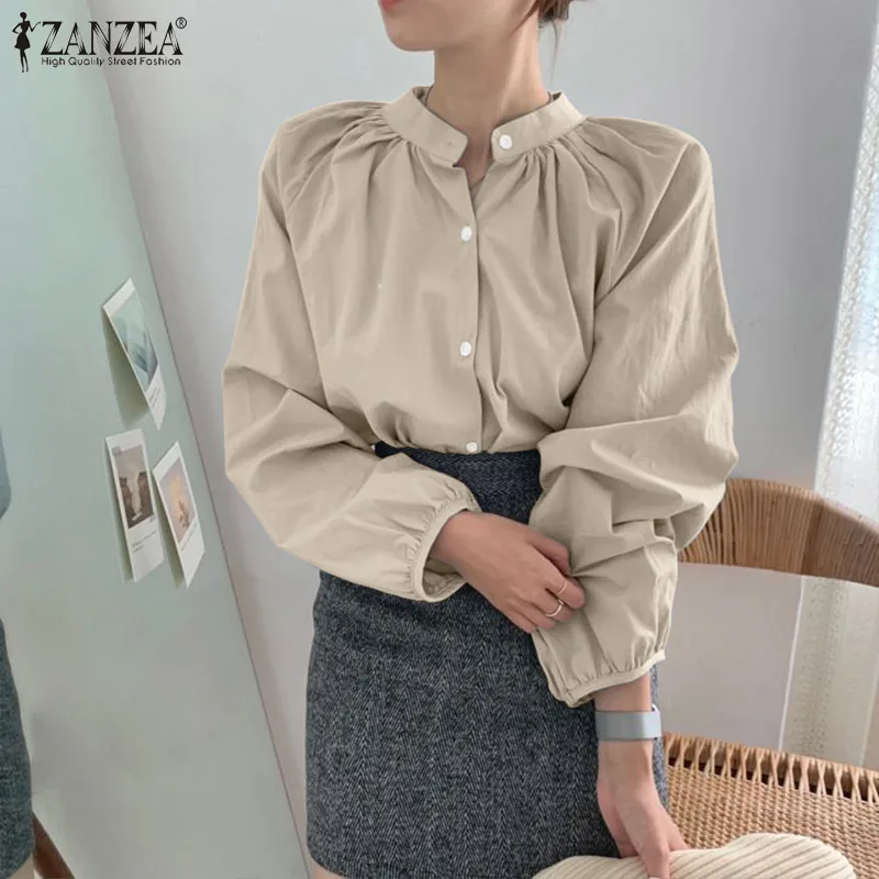 

ZANZEA Spring Solid Color Shirt All-Match Holiday Vintage Loose Casual Elegant Female Button Top Women Puff Sleeve O-Neck Blouse