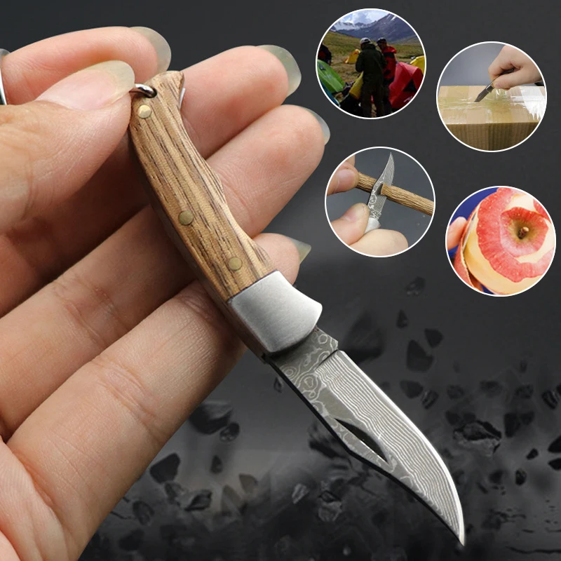 

1PC Damascus Knife Wooden Handle Folding Knife Outdoor Camping Portable Mini Key Buckle Multi-functional Emergency Rescue
