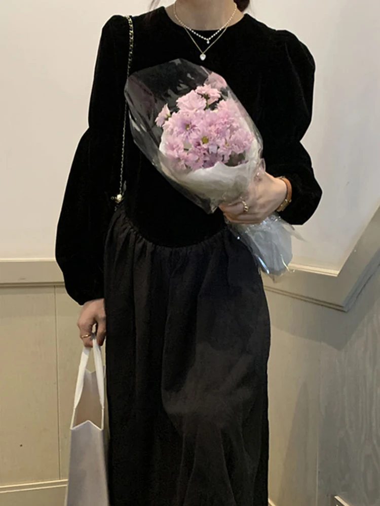 

Женское бархатное платье со складками Sister Fara, осеннее платье с О-образным вырезом и высокой талией, платье до середины икры с пышными рукавами