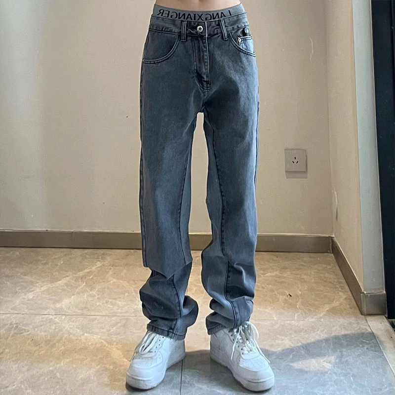 Retro Washed And Old Smoke Gray Stitching Jeans Slim Straight Casual Trousers Men And Women Spring New mens jeans