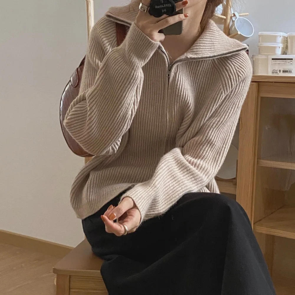 

Lapel Thick Warm Knitted Cardigan Female Sweaters OL Outwear Tops Solid Sweater Women New Autumn Winter Elegant
