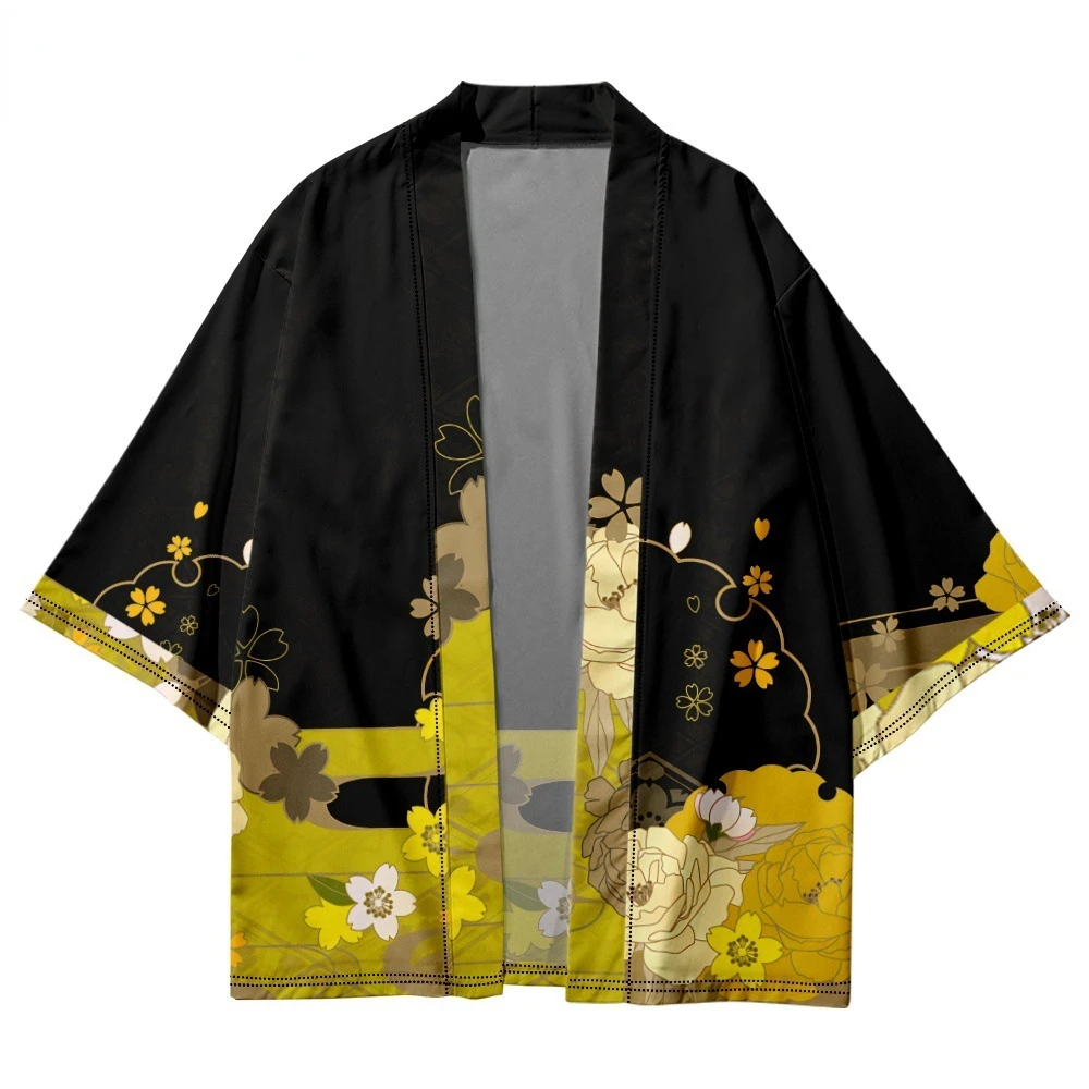 

Fashion Yellow Flowers Print Haori Summer Beach Yukata Japanese Casual Traditional Kimono Cardigan Women Men Streetwear Shirts