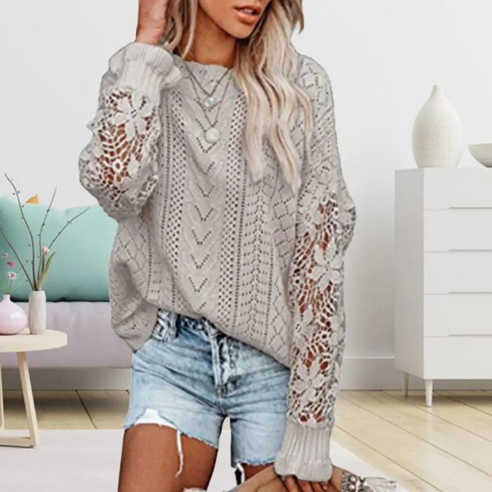 

Autumn Sweater Loose Type Anti-pilling Warm Cozy Knitted Lady Sweater Hollow Out Flower Applique Winter Sweater свитер