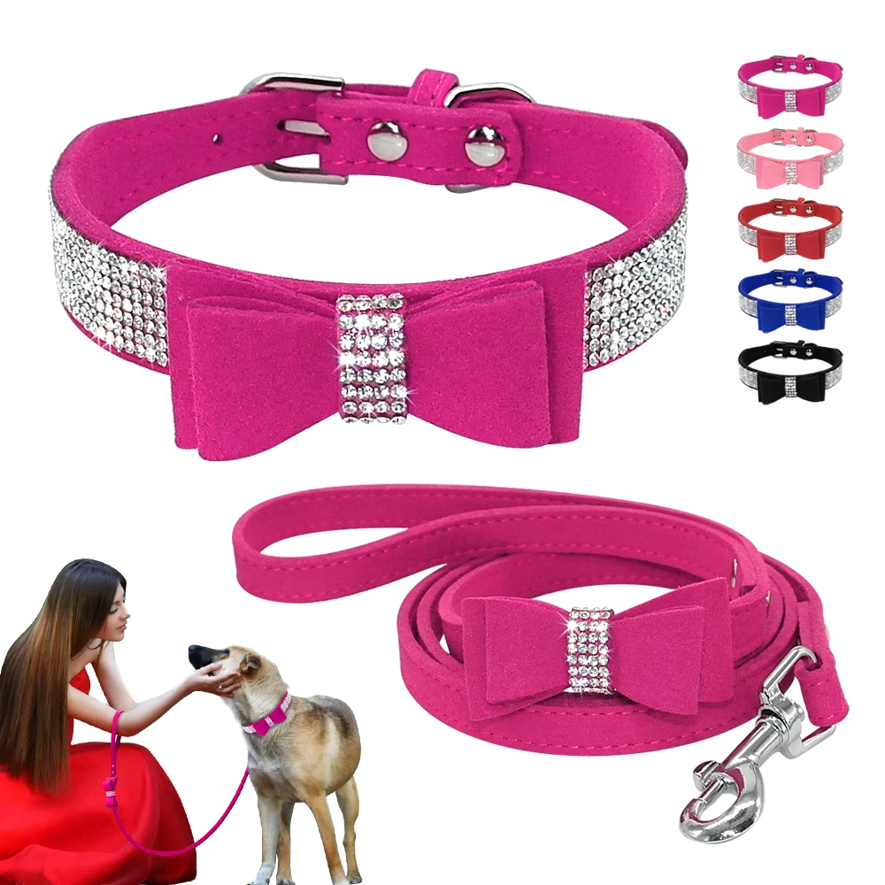 Small Dog Cat Collar & Leash Set Bling Rhinestone Leather Pet Collars with Cute Bowknot Puppy Crystal Necklace 120cm Leash Pink