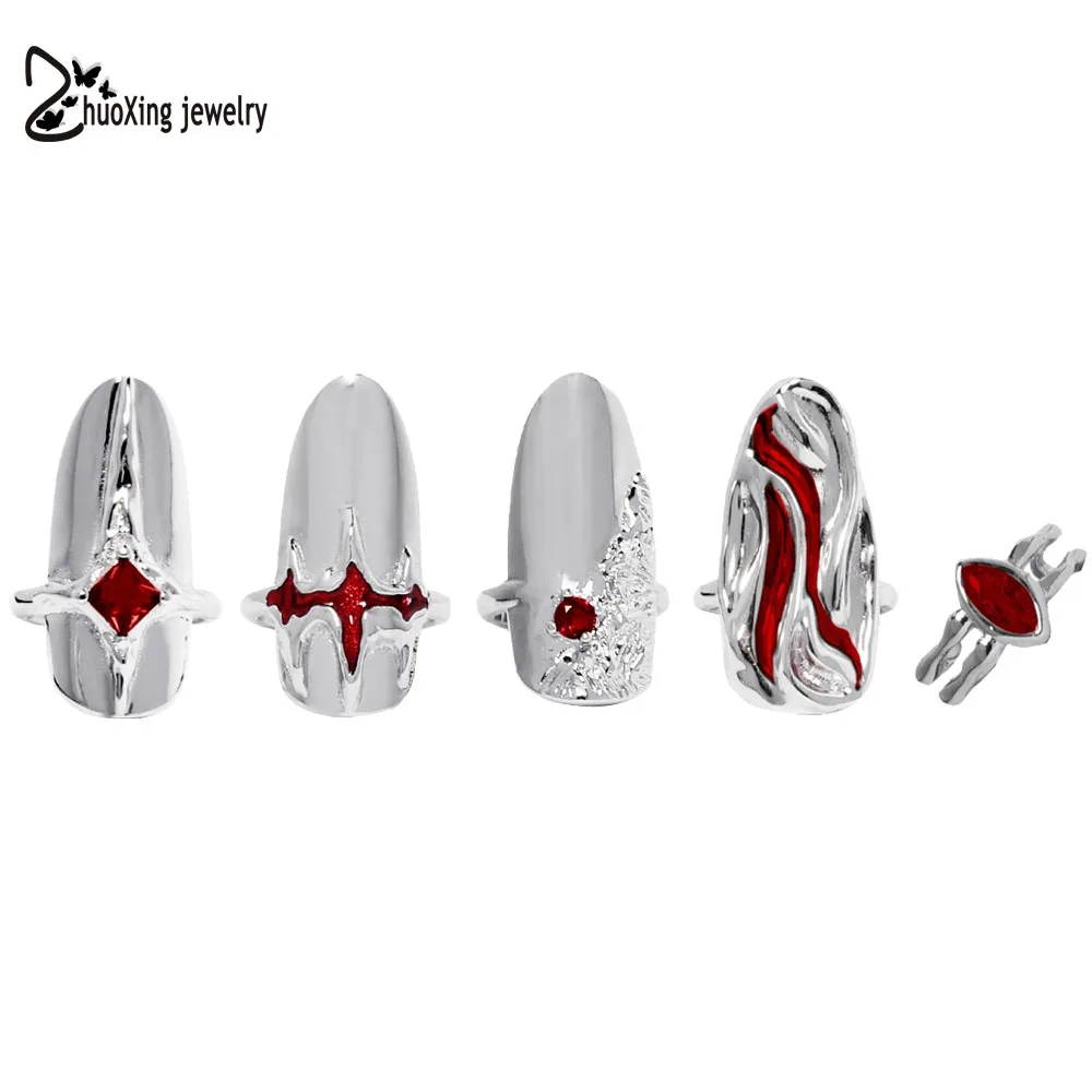 Trendy Fashion Nail Ring Armor Set Silver Color Irregular Nail Pieces Adjustable Open Rings Jewellery Accessory Women Gifts