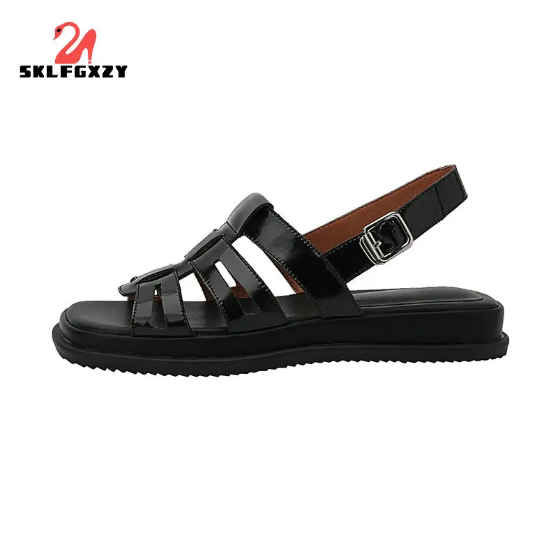 

Женские босоножки в римском стиле, повседневные туфли из натуральной кожи на платформе с открытым носком и металлической пряжкой, лето 2022