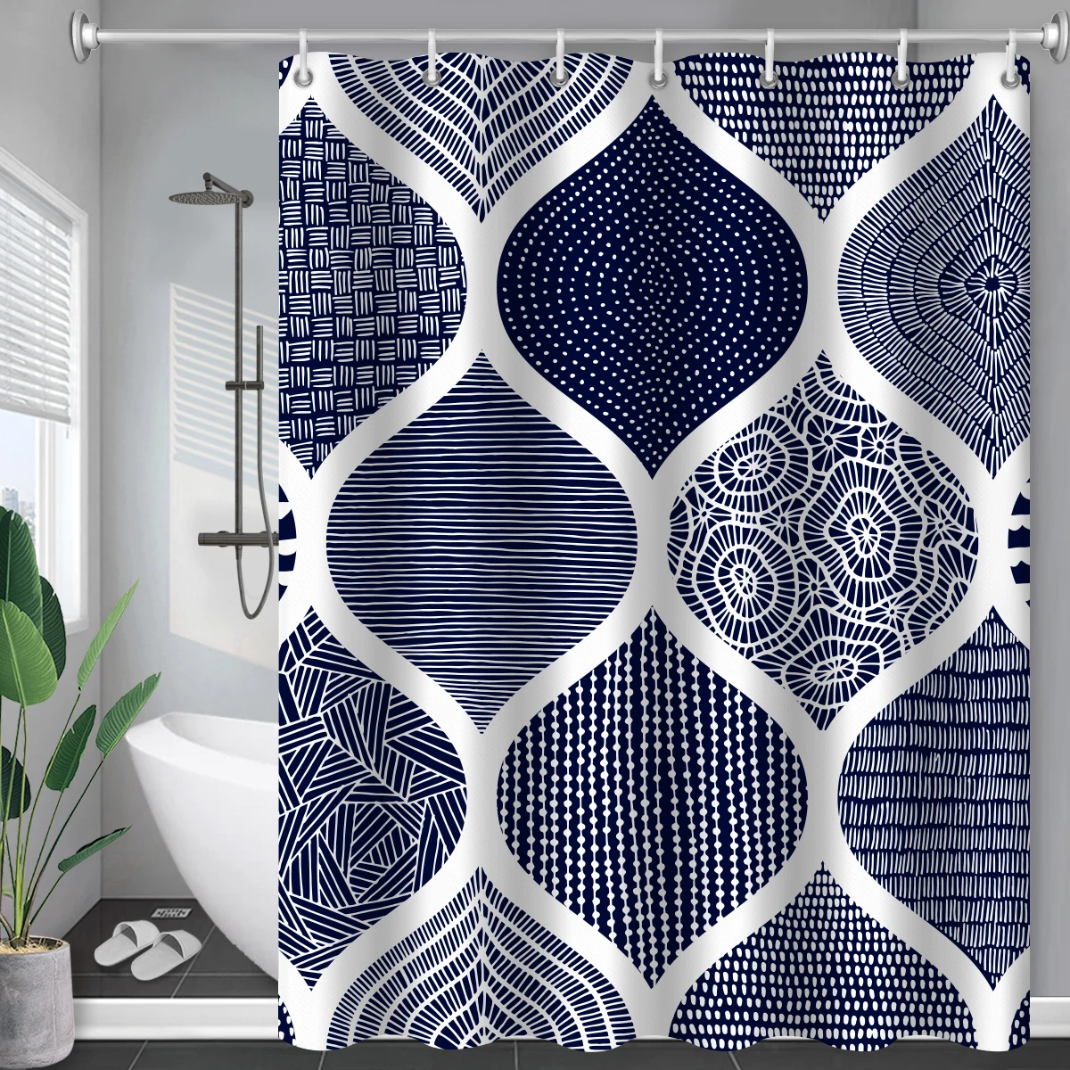 

Boho Theme Blue Shower Curtains Bathroom Accessories Cute 3D Print Waterproof Fabric With Hooks Geometric Pattern Decor Curtain