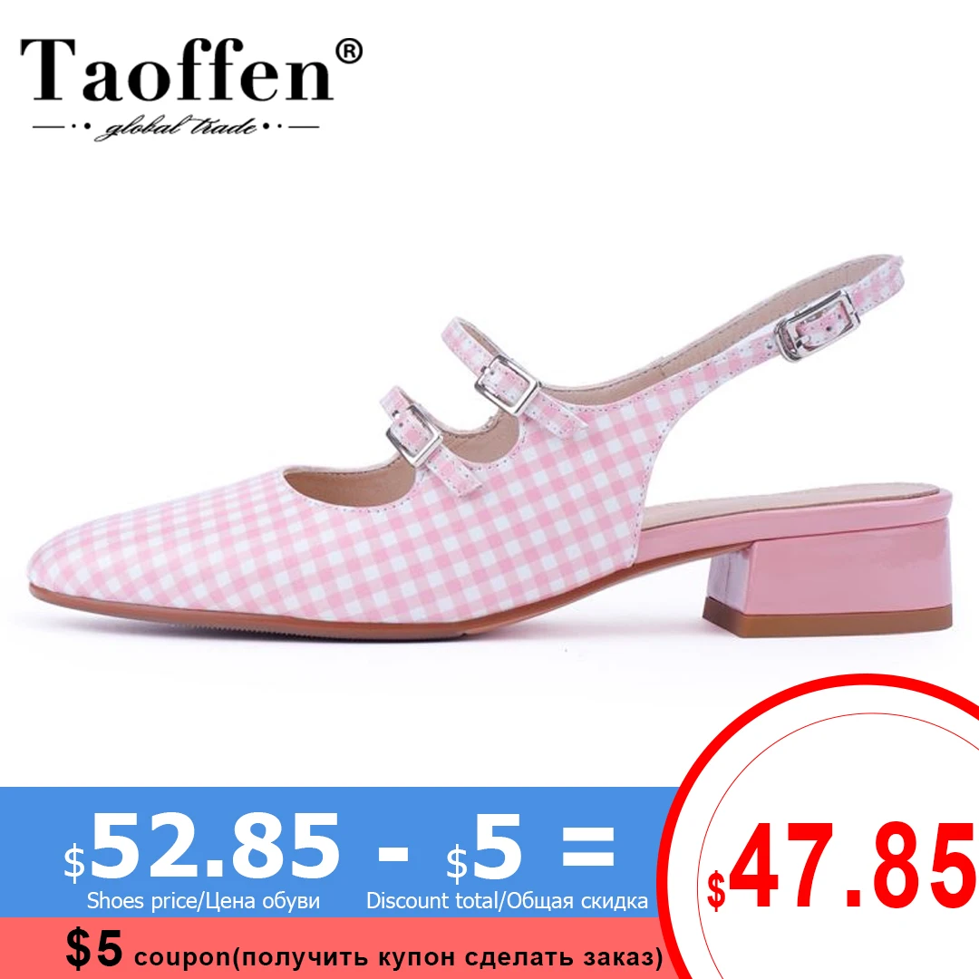 

Женские босоножки из натуральной кожи TAOFFEN, маленькие размеры 33-40, на низком каблуке, с ремешком на пятке, с пряжкой, в клетку