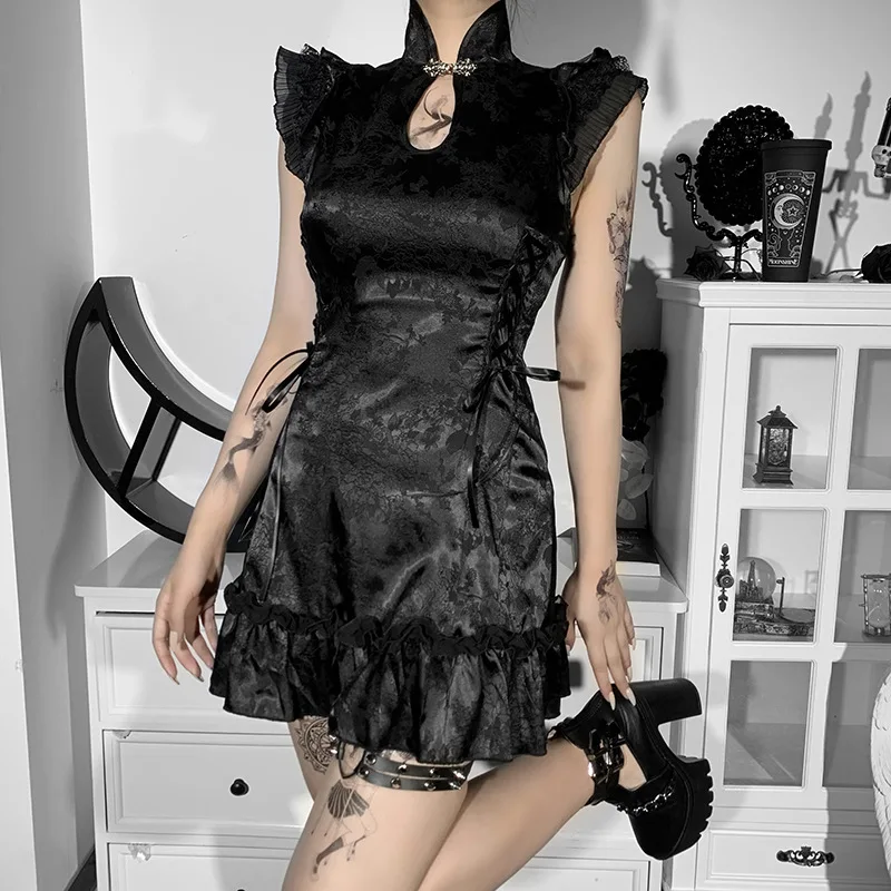 

Темно-черное сексуальное платье в китайском стиле, женское весеннее Короткое платье-Ципао без рукавов 2022, американское сексуальное коротко...