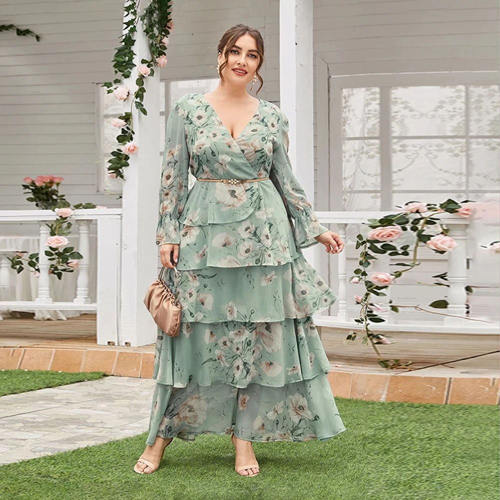 

Women Plus Size Middle East Arab Muslim Elegant Cake Dress Vintage Party Dance Party Holiday V-neck Dress L-4xL