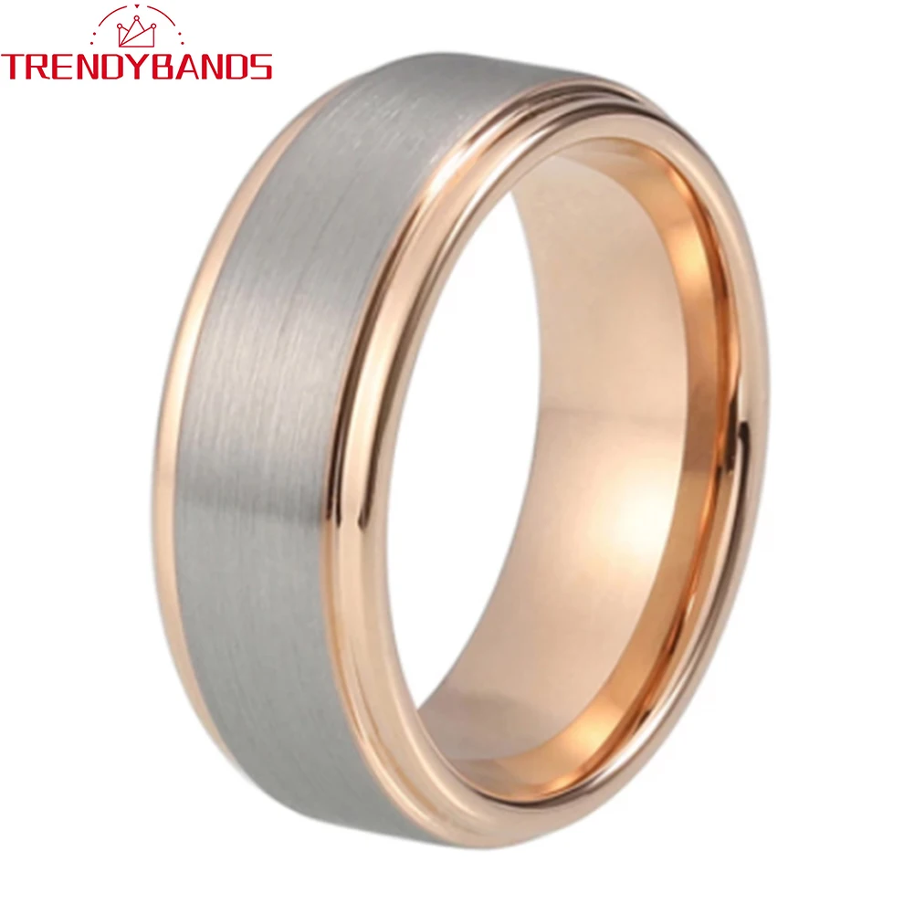 

8mm Tungsten Carbide Engagement Rings for Women Men Wedding Band Rose Gold Fashion Jewelry Stepped Edges Brushed Comfort fIT