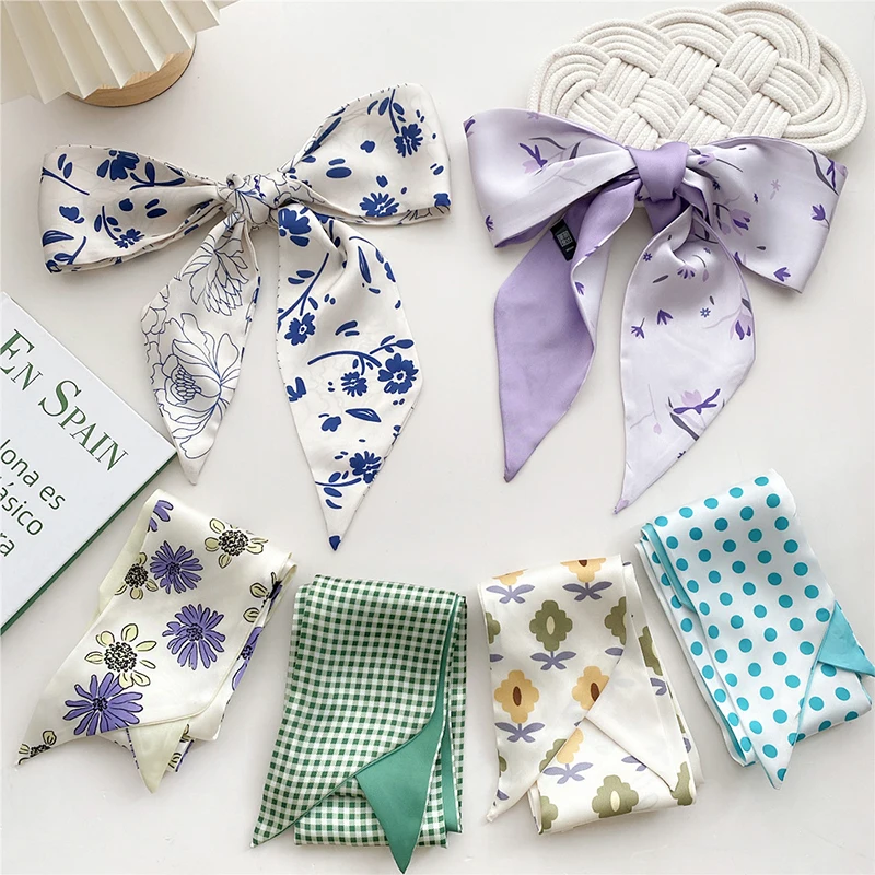 

Skinny Long Scarf Silk Feeling Tie Bag Ribbon Headband Choker Spring Summer Flower Polka Dots Checkerboard Print Hair Band