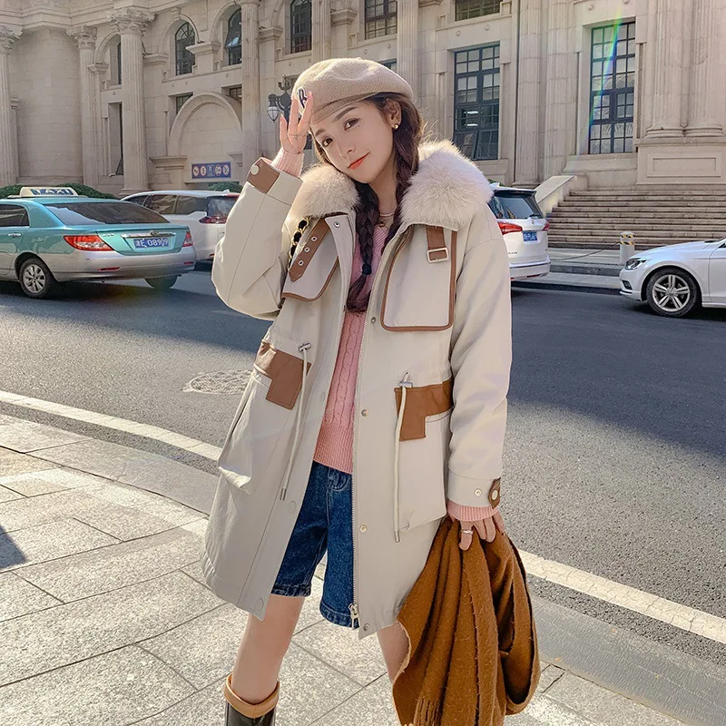 Off white work clothes to overcome women's long winter color contrast plush cotton jacket
