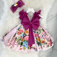 girls dress skirt fashion bow knot printing holiday dress party girl puffy dress headwear toddler girl dresses kids clothes