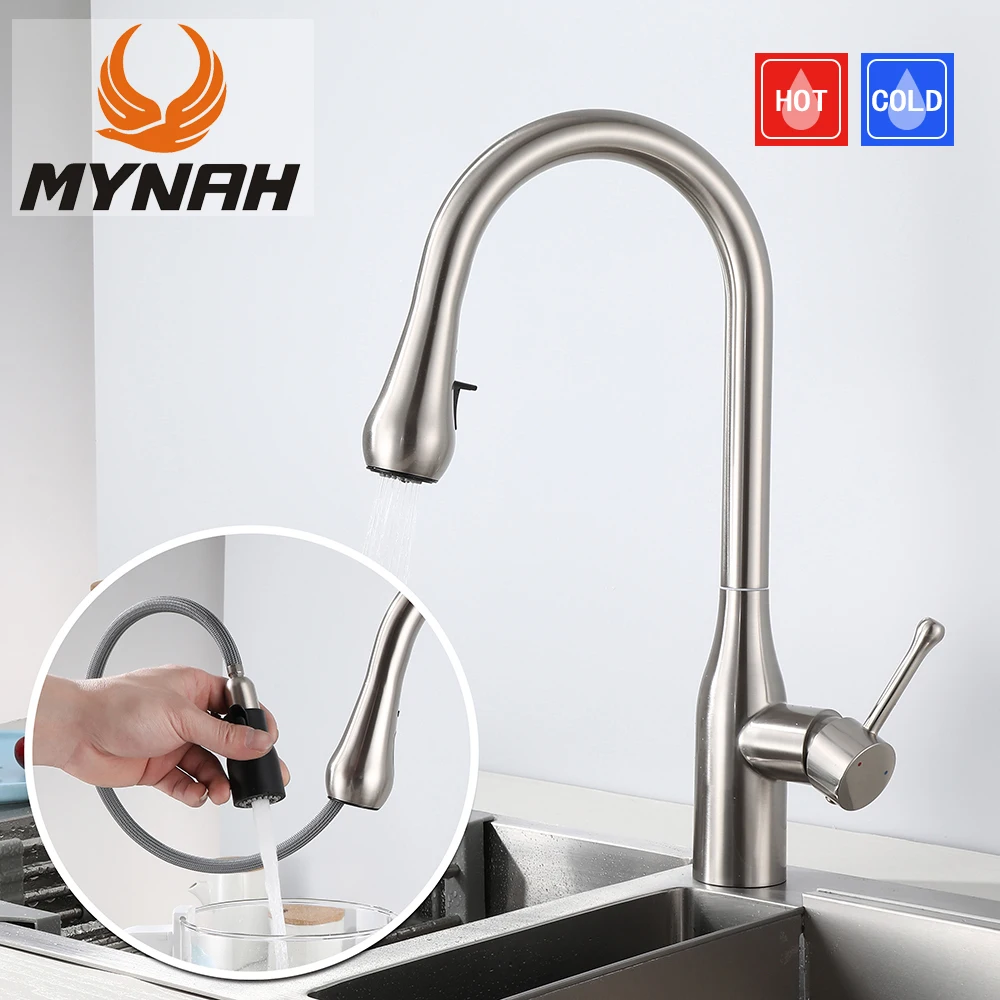 

MYNAH Pull Out Brass Kitchen Faucet Deck Mounted Mixer 360 Degree Rotation Nickel Brushed Kitchen Sink Hot and Cold Water Taps
