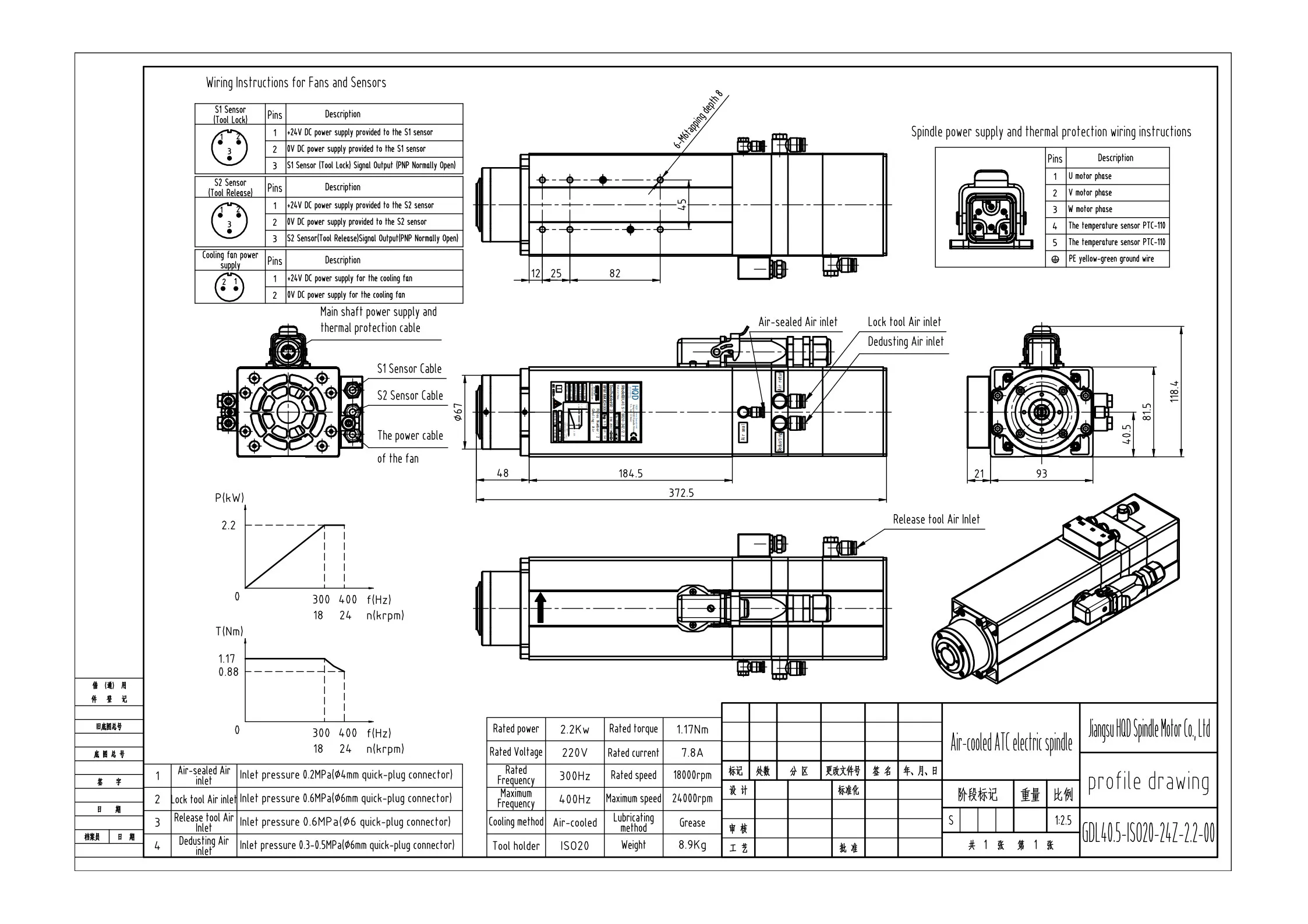 Высококачественный шпиндельный двигатель HQD ATC 2200 Вт для дерева, алюминия, мягких металлов, ISO20, 300-400 Гц, 18000-24000 обмин, 2.2 кВт, AC 200-240 В, 1.17 Нм (art.: 3920d8bf359f2) - 3920d8bf359f2
