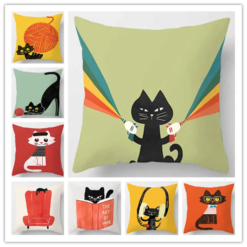 

Cartoon Cat Print Square Pillowcase Home Decor Car Sofa Cushion Cover