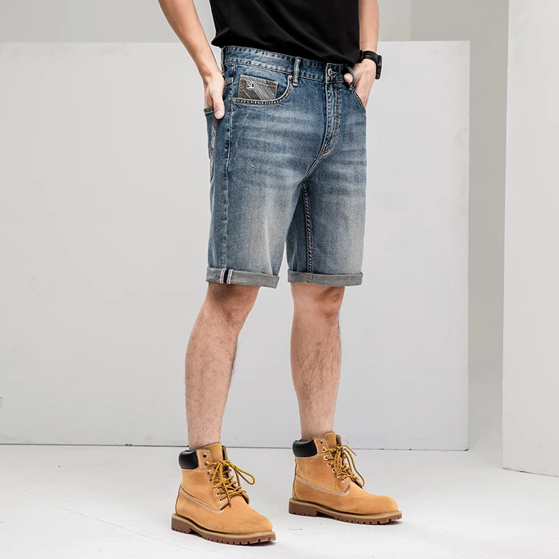 Men's Summer Fashion Middle Waist Micro Elastic Zipper Open Five Point Denim Shorts Handsome Masculine Jean Short Drop Shipping