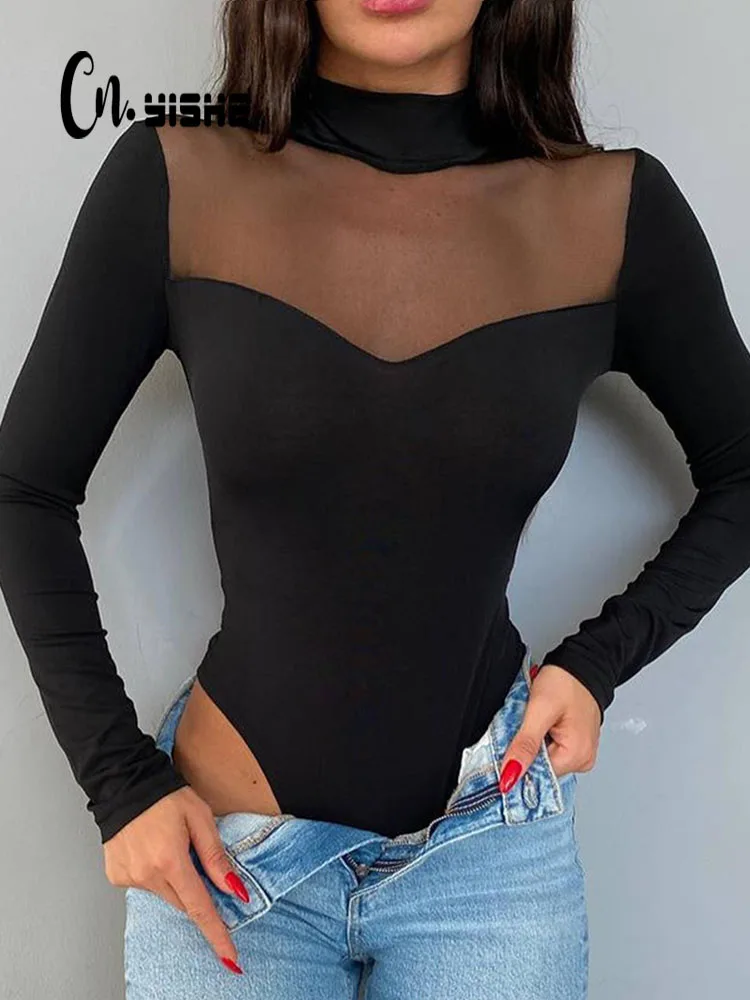 

CNYISHE Mesh Patchwork See Through Sexy Bodysuits Women Rompers Fashion Turtleneck Elegant Long Sleeve Rompers Female Overalls