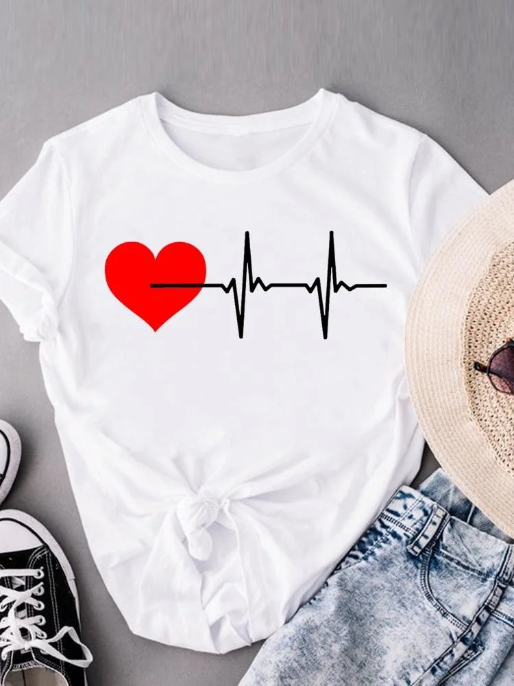 

Casual Ladies Women Print Female Clothing Short Sleeve T-shirts Summer Love Heartbeat Trend 90s Clothes Fashion Tee DW03