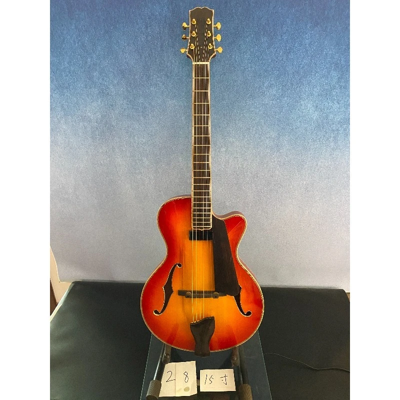 Фото Электрогитара Yunzhi Luthier ручной работы, 15 дюймов, арчтоп, цвет Sunset, с огненным кленом, полый корпус, накладка из черного дерева, массив махагони, в наличии №2