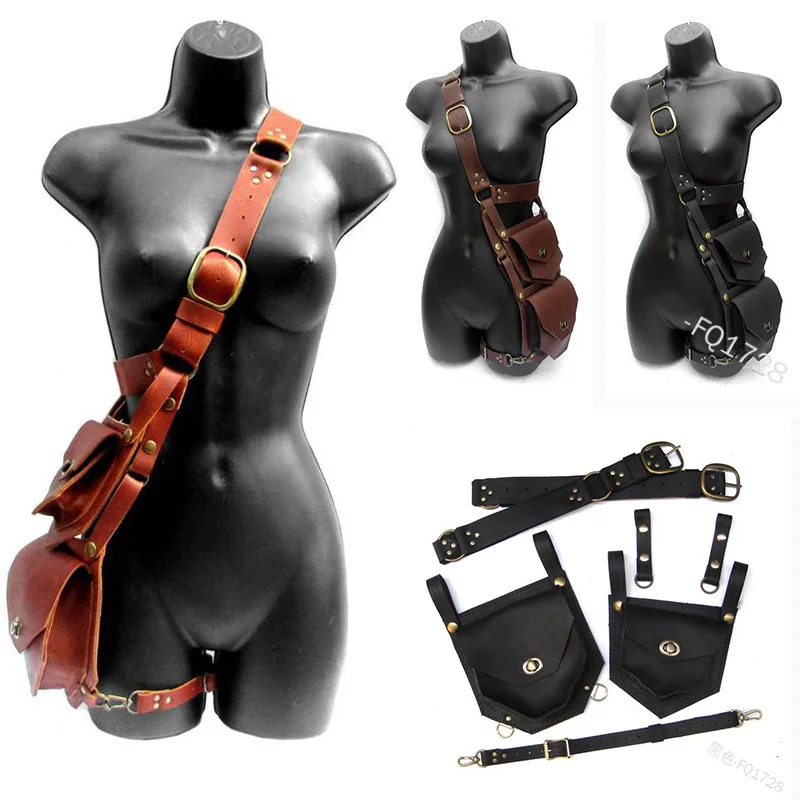 

Handmade Steampunk Gothic Leather Double Holster Bag Vintage Antique Belt Pocket Cosplay Costume Viking Style Satchel For Women