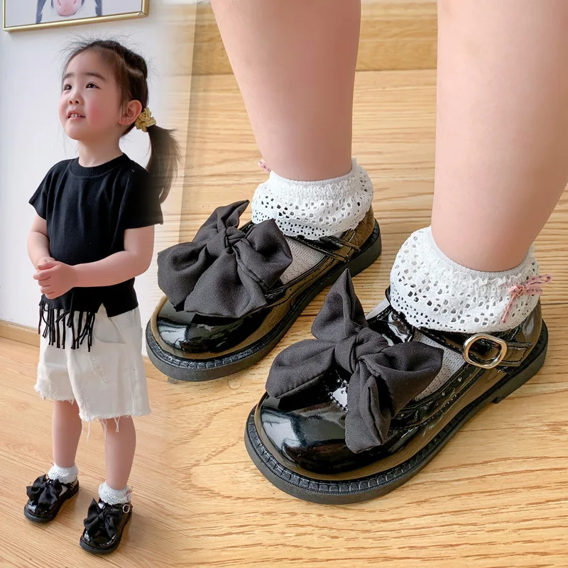 

Туфли-оксфорды детские кожаные, плоская подошва, с большим бантом, черные, для маленьких принцесс, школьная и свадебная обувь, милые мягкие