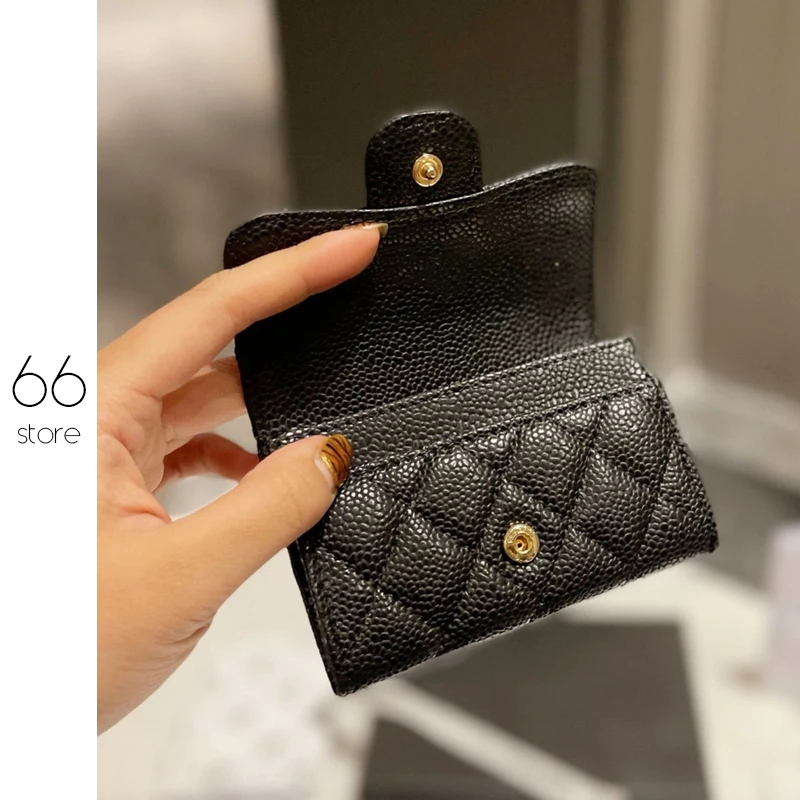 

Women's Genuine Leather Caviar High-End Coin Purse Ultra-Thin Buckle Flip Short Card Case Card Holder Luxury Fashion All-Match