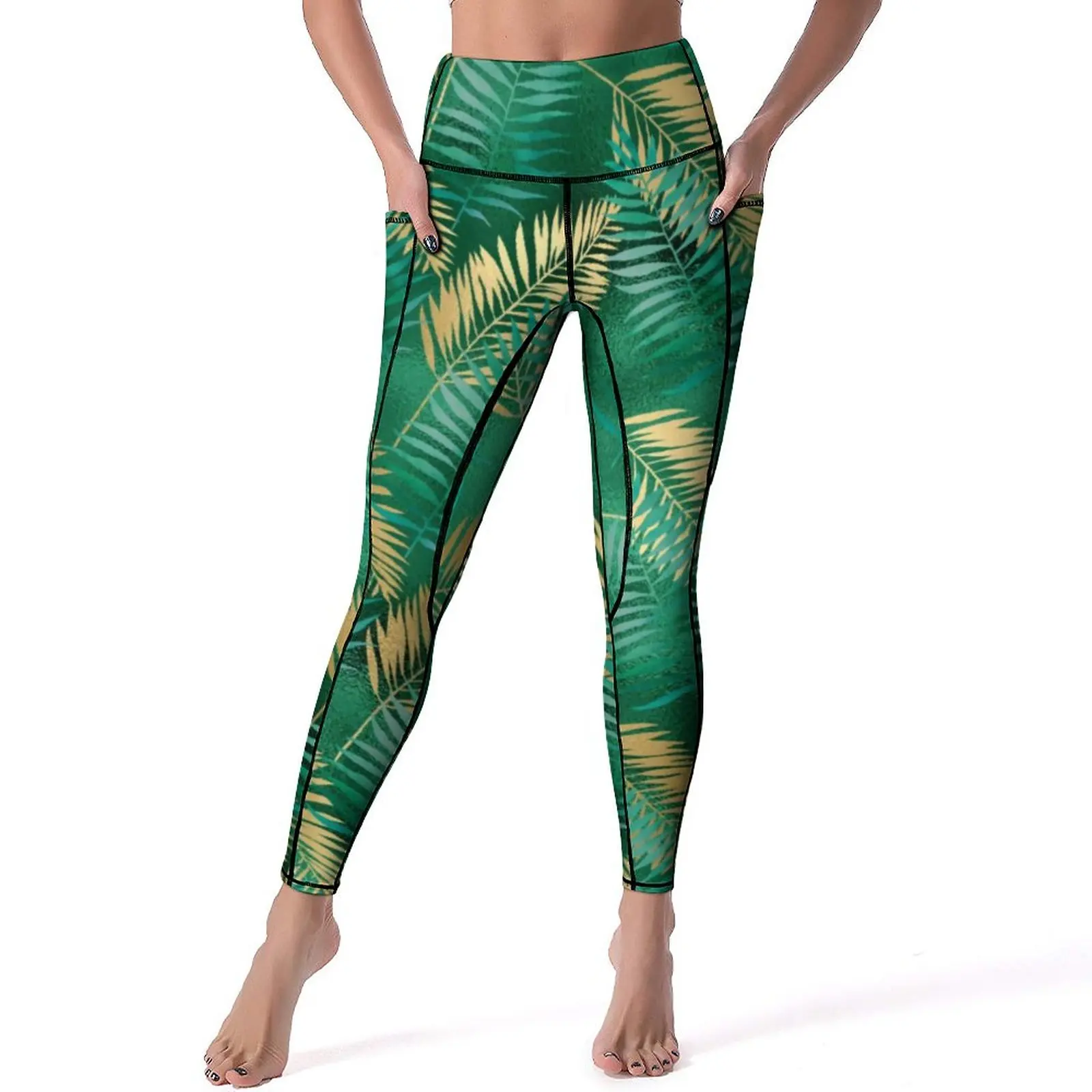 

Tropical Palm Leaf Yoga Pants Pockets Bright Golden Jungle Leggings Sexy High Waist Sweet Yoga Sports Tights Fitness Leggins