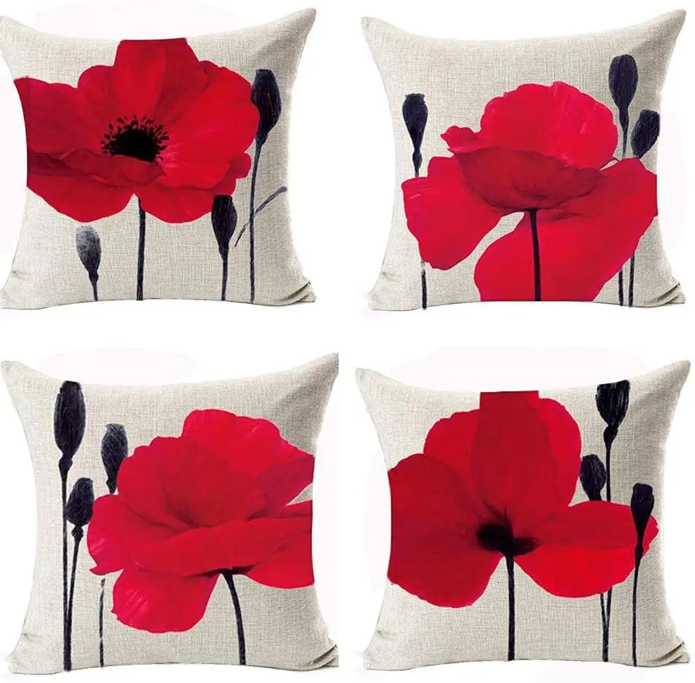 

45CM Linen Charming Watercolor Oil Ink Painting Red Poppy Flower Pillow Sofa Print Cushion Case Livingroom Couch Throw Pillows