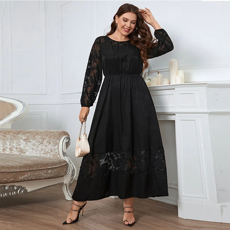 

Plus Size Large Women's Dress Slightly Fat Knee Length Lace Dress Shows Thin Autumn Long Sleeve Temperament Female Clothing