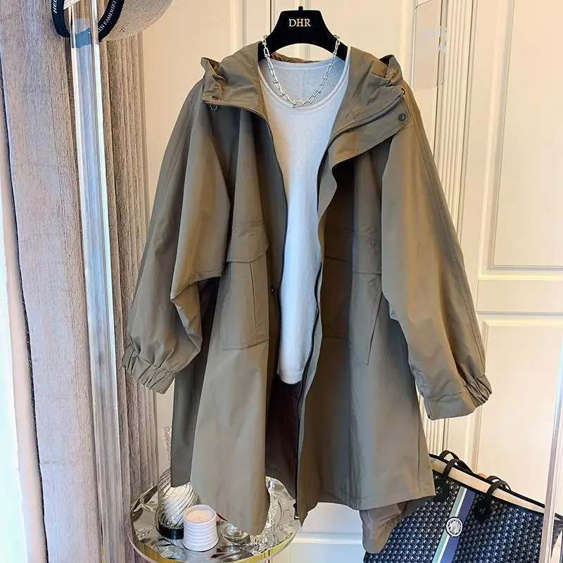 

YASUGUOJI 2022 Women's Trench Coat New Spring Vintage Long Windbreaker Solid Zipper Chic Simple Female Tops Loose Casual Outwear