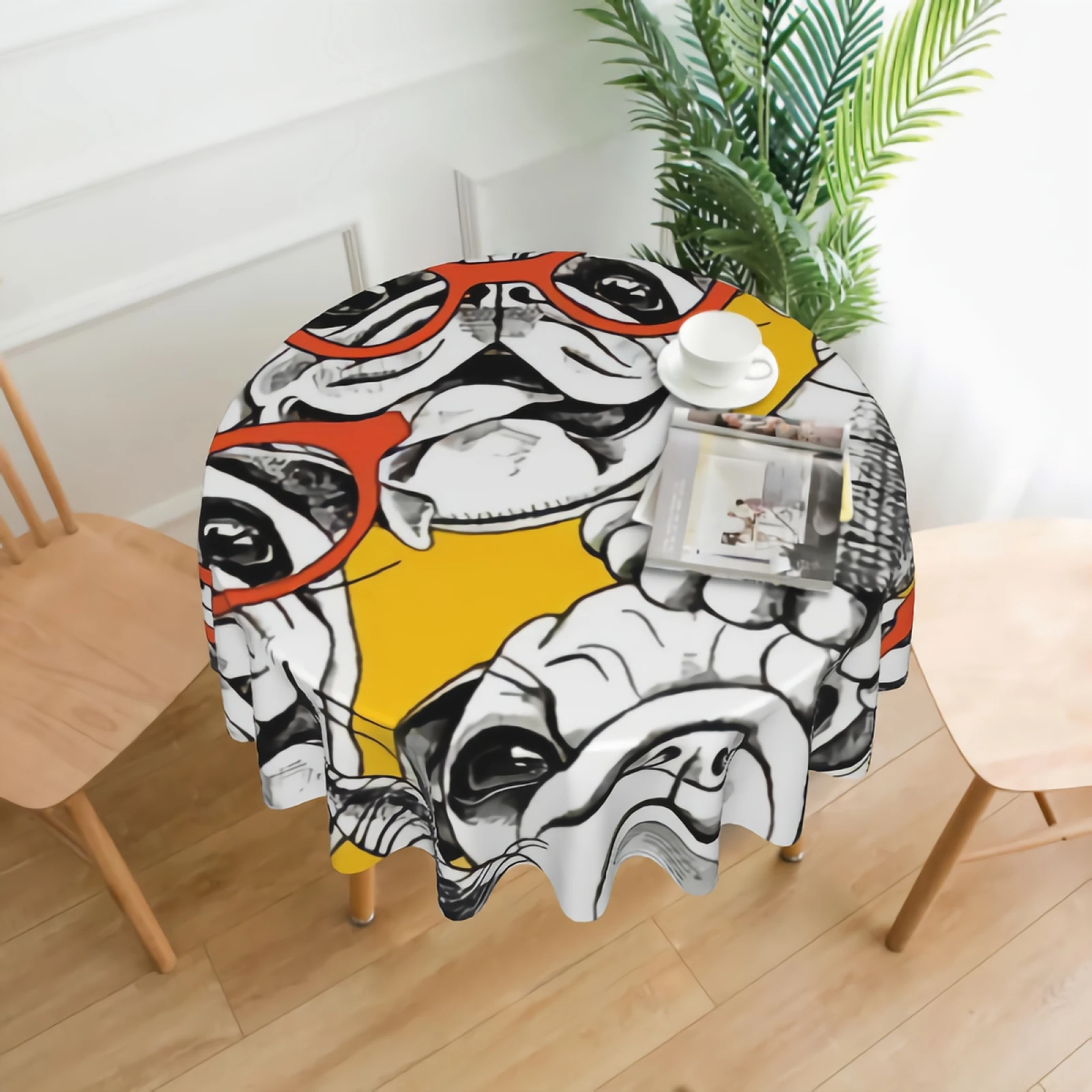 

Watercolor Pug In Glasses Round Tablecloth Waterproof Dog Pattern With Party Hat Table Cloth Cover Washable 60"Dining Decorative