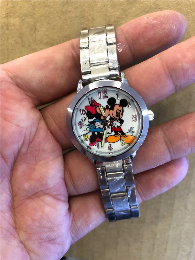 Фото Детские часы Disney с Микки и Минни, часы с персонажами мультфильмов и аниме, светящиеся кварцевые часы с указателем Микки Мауса, стальной ремешок, подарки для детей №4
