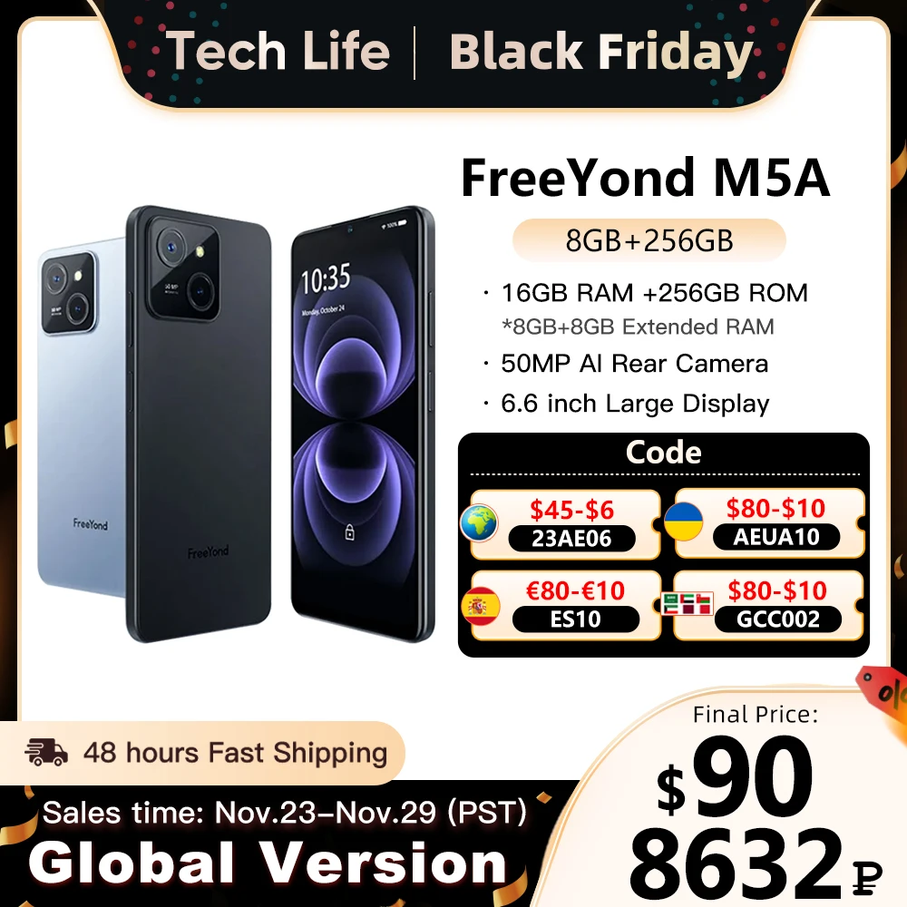 

FreeYond M5A Smartphone 256GB ROM 8GB RAM Up to 16GB 50MP 6.6" 90Hz Screen 5000mAh Android 13 Celular