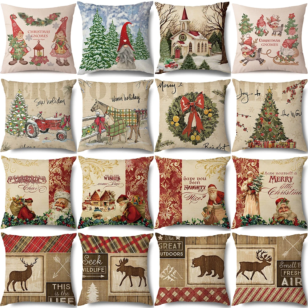 

Christmas Decorative Cushion Cover 18x18 Inches Retro Style Linen Pillow Cover Xmas Farmhouse Home Sofa Decor Pillows Pillowcase
