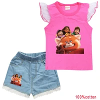 2022 disney new turning red summer cartoon print cute baby boy girl striped short sleeve t shirt washed jeans 2 piece set