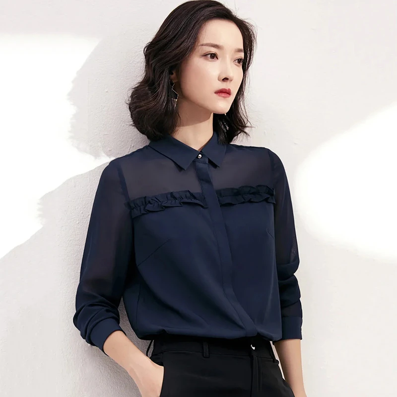 

Suoversizd Chic Solid Color Polo Collar OL Shirt Casual Loose Chiffon Button-up Blouse Korean Patchwork Long Sleeve Tops