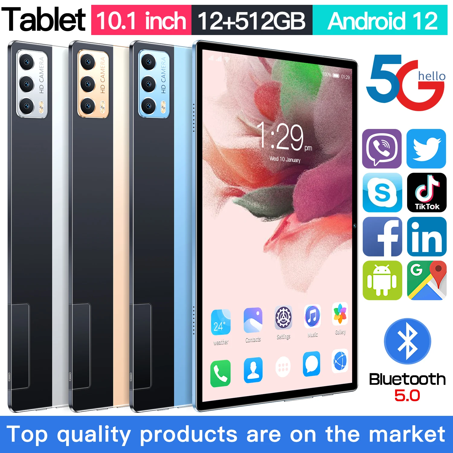 

New Tablet Android 12 12G+512G WiFi Tablet Global Version PC 10.1 Inch PC Dual SIM Card Tablet 5G Call Phone Tablet for Gifts