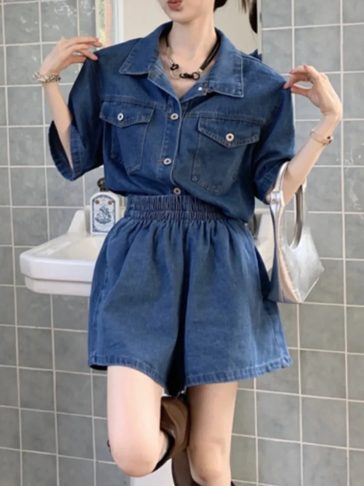 

Women Casual Denim Tracksuit Loose Two Piece Sets Female Single-breasted Jacket & Elastic Waist Shorts Outfits