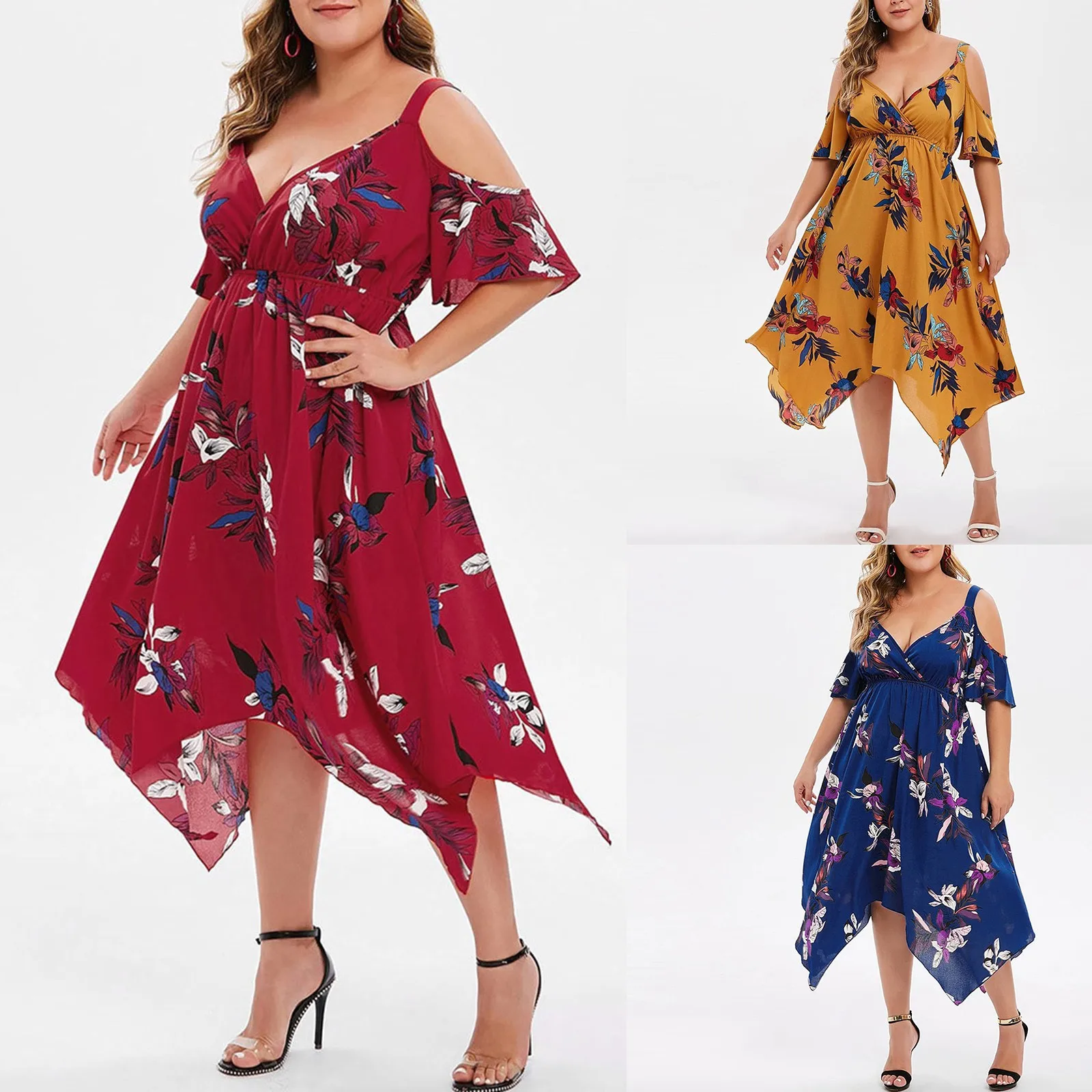 

Plus Size 5XL Off Shoudler Boho Dress Ruffle Beach Strap Summer Dress for Women 2022 Fashion Floral Print V-Neck Dresses Robe