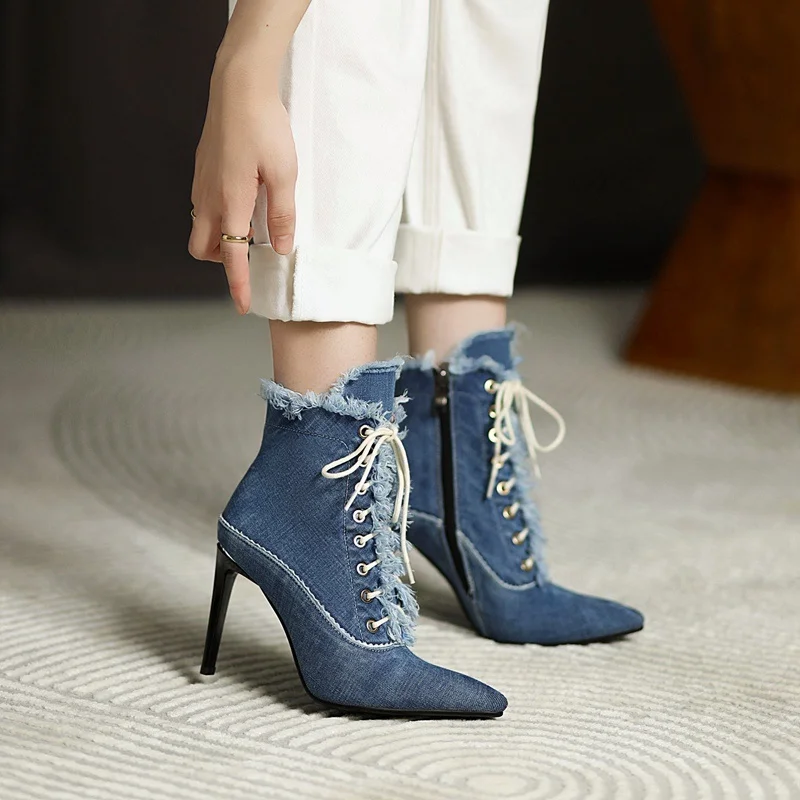 fashion punk retro street denim ankle boots for women European pop sexy pumps pointed toe zipper riding boots lace-up high heels