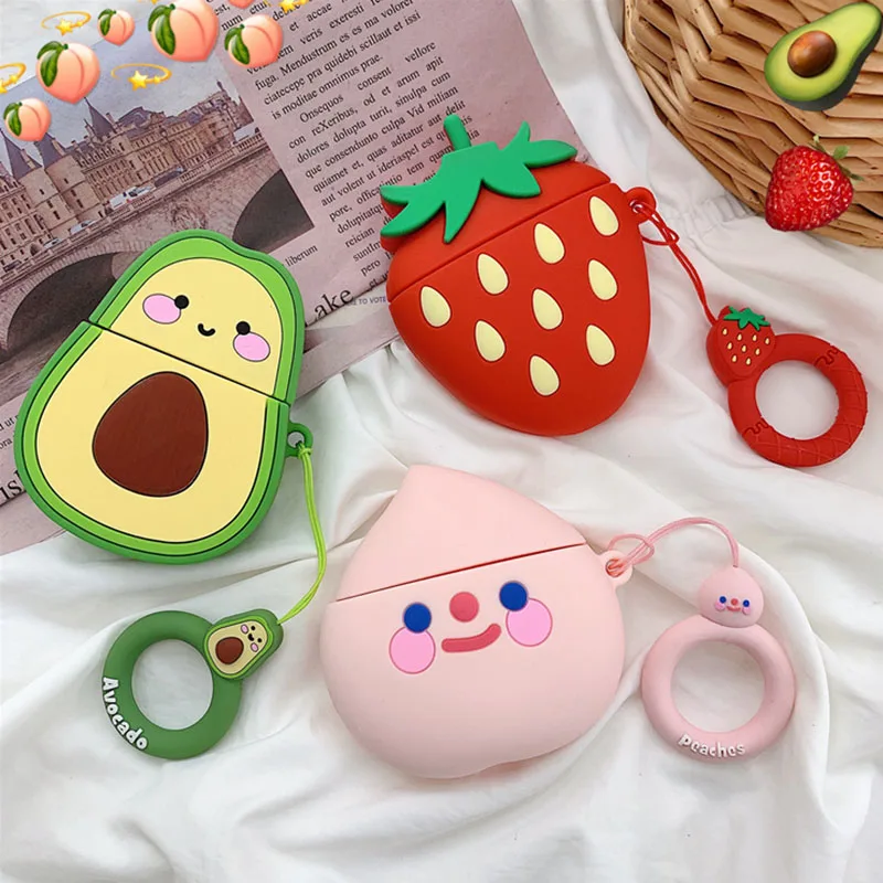 

For AirPods Pro Case Cute Cartoon Strawberry Avocado Peach Soft Silicone Earphone Case For Apple Airpods 1 2 Pro Cover Ring