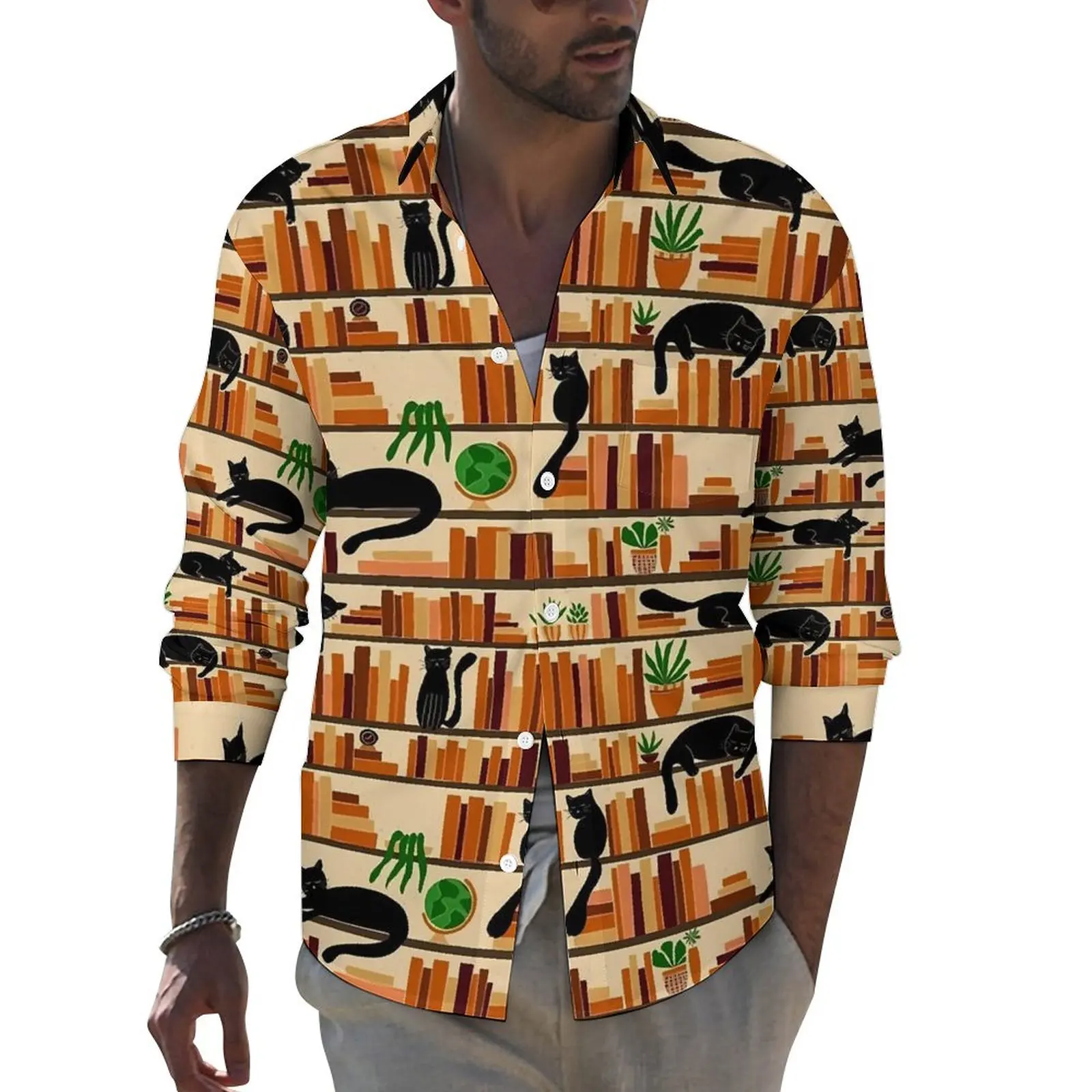 

Retro Library Cats Shirt Autumn Black Kitty Casual Shirts Male Loose Blouses Long Sleeve Design Harajuku Top 3XL 4XL