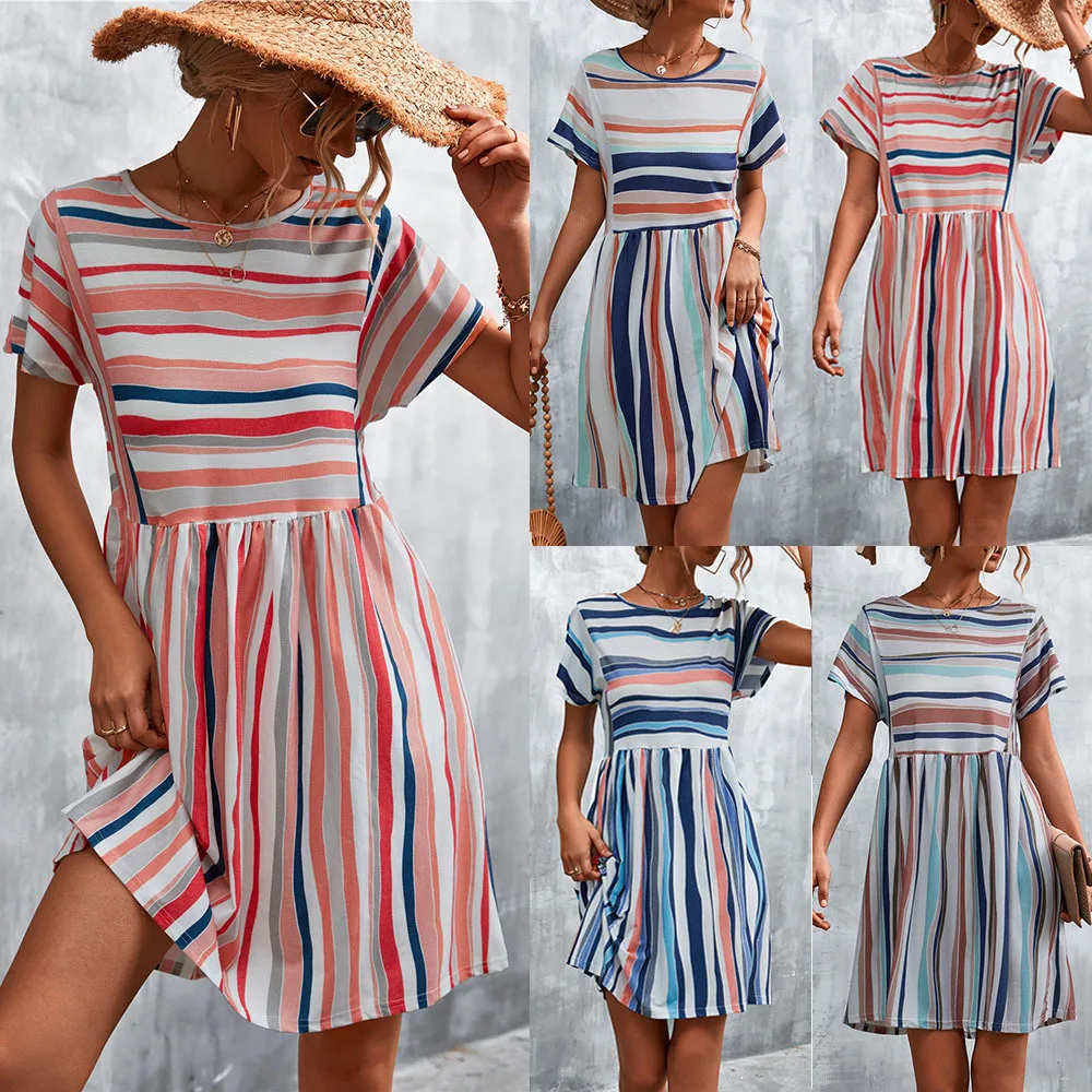 

Summer Traf Formal Dresses Casual Striped Printing Polyester A Line O Neck Dresses Traf 2023 Woman Clothing The New Arrival