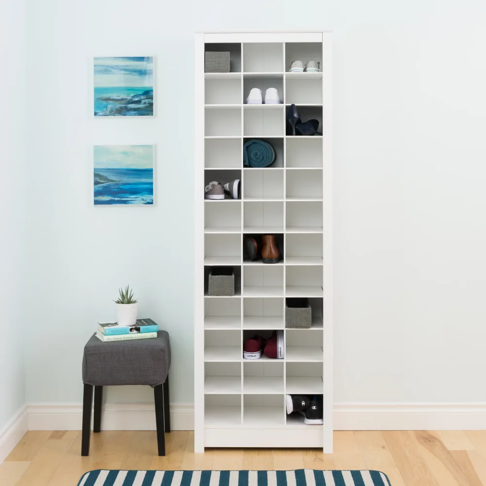 

Space-Saving 36 Pair Shoe Storage Cabinet With Cubbies, White shoe cabinet