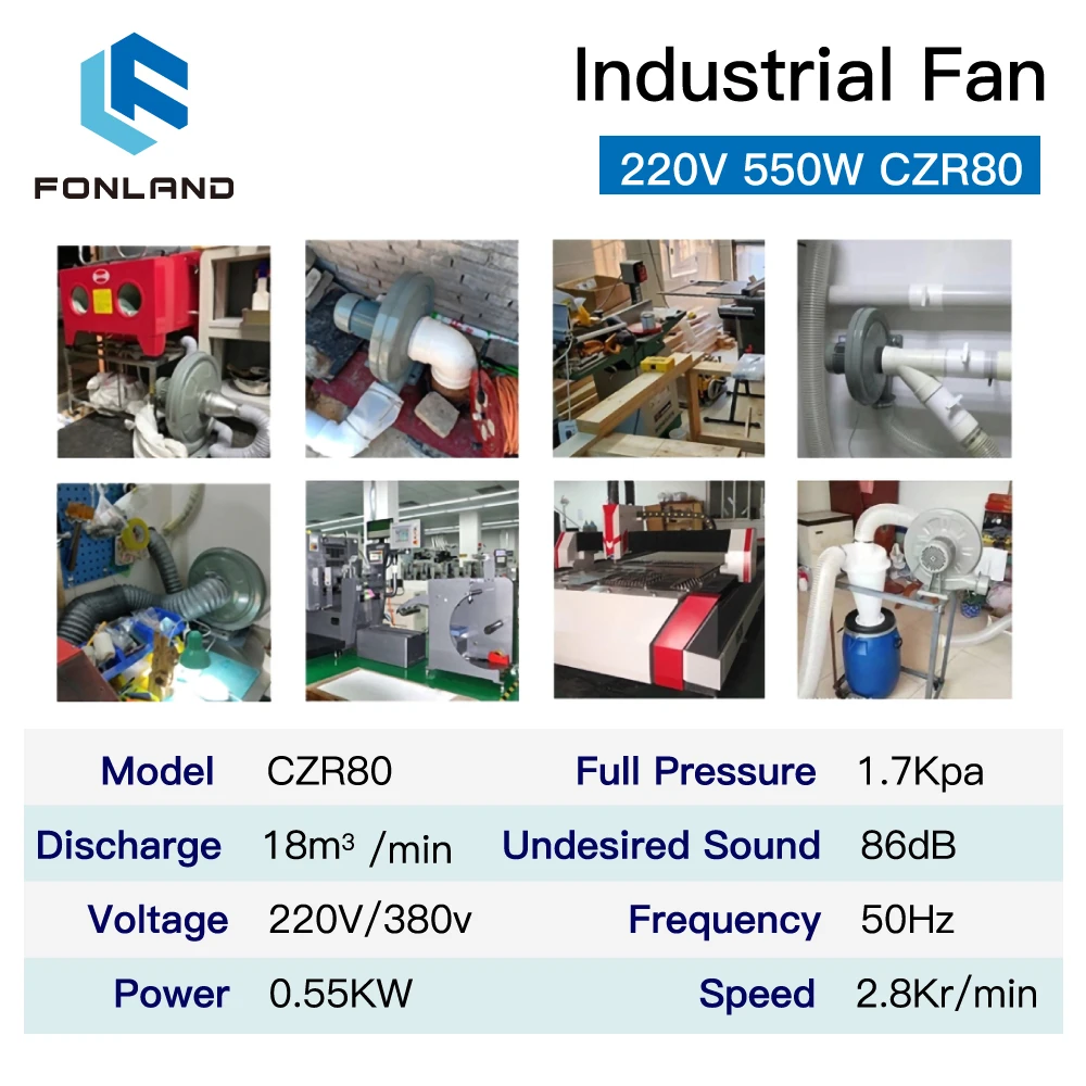 FONLAND 220V 550W Exhaust Fan Air Blower Centrifugal for CO2 Laser Engraving Cutting Machine Medium Pressure Lower Noise enlarge